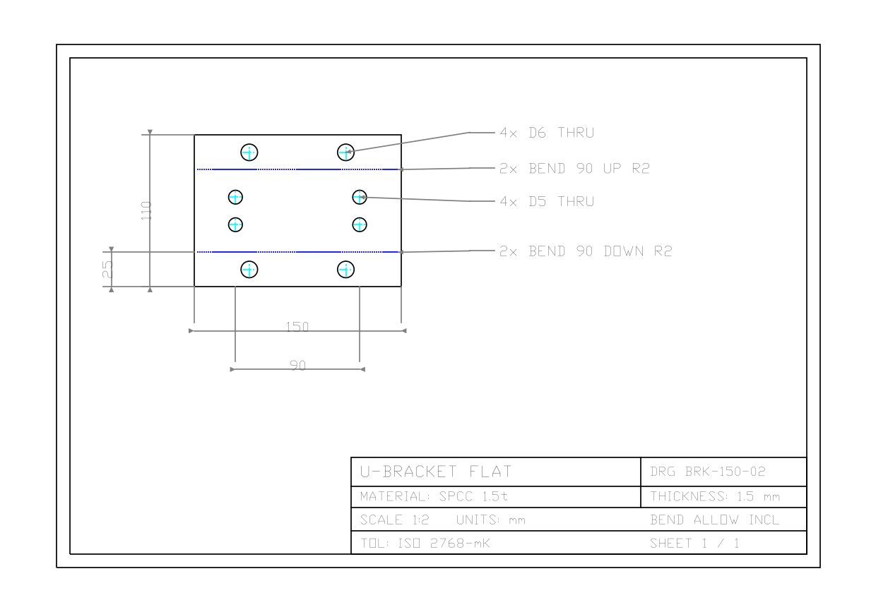 Laser-cut flat pattern drawing, fully dimensioned