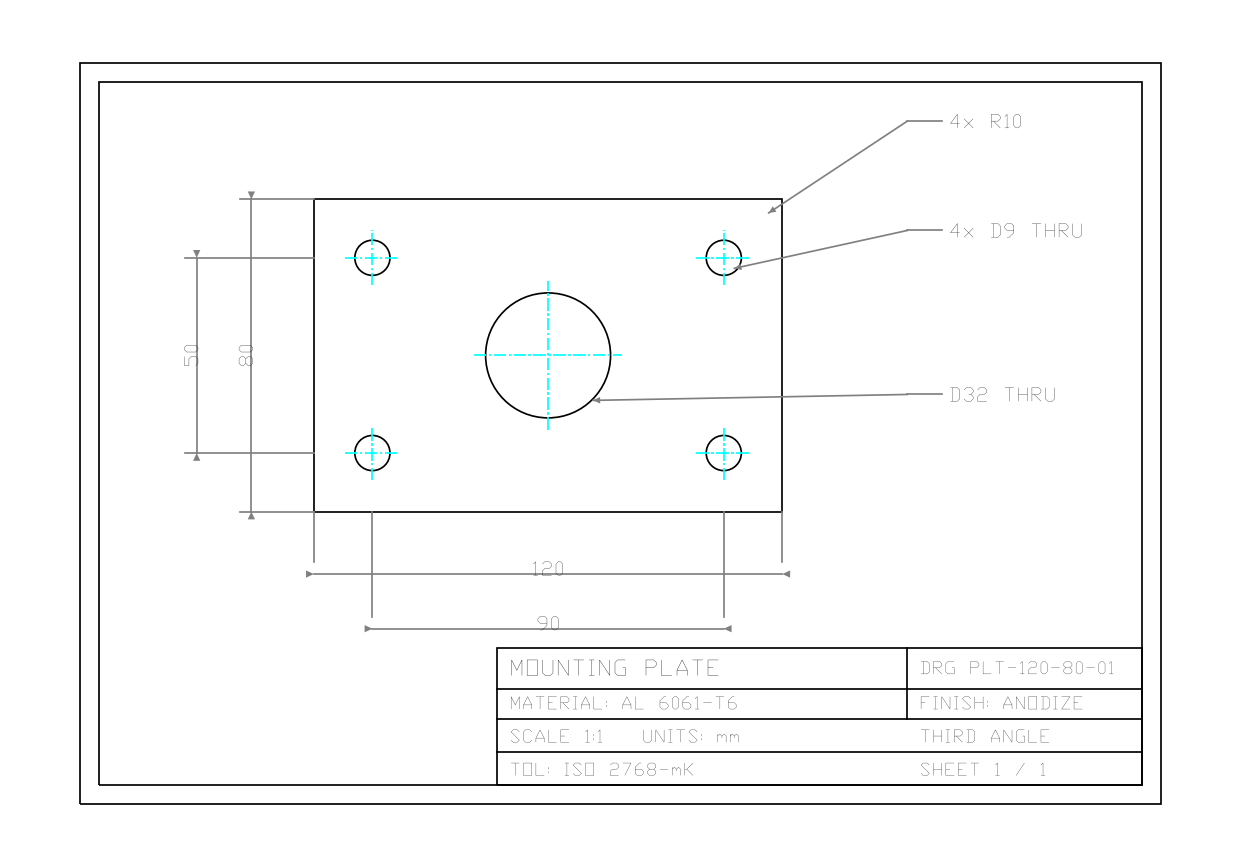 Machined part production drawing with title block